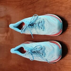 Hoka Clifton Athletic Shoes in Light Blue and Coral